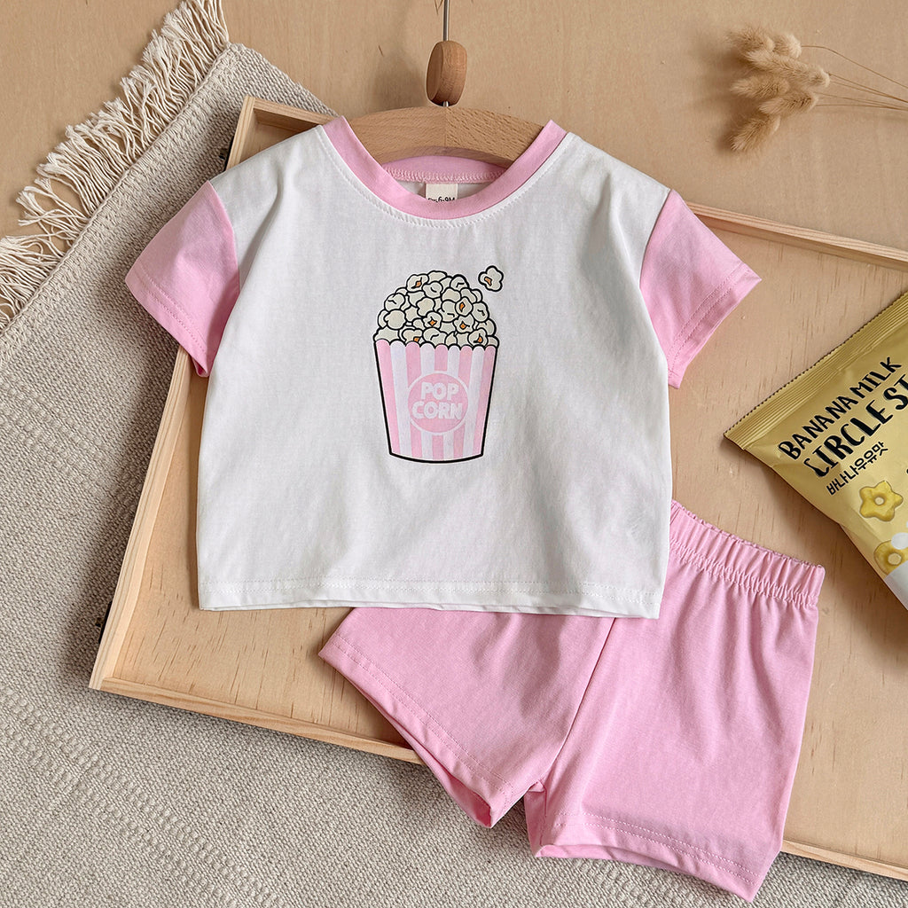 Baby Popcorn Print Raglan T-shirt & Pink Shorts Set
