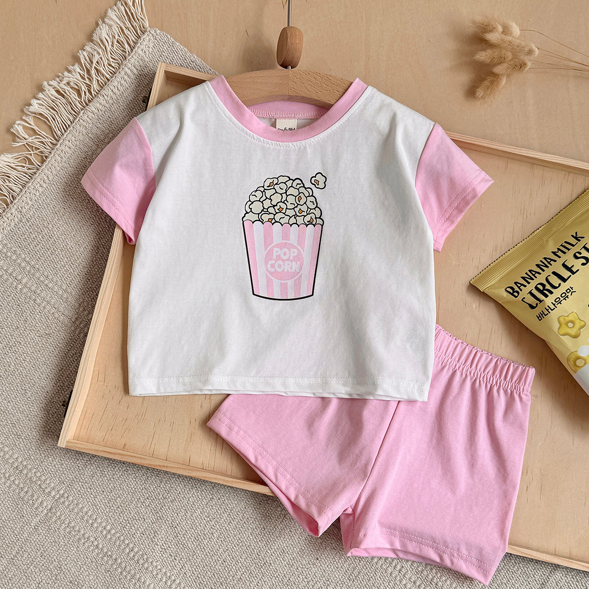 Baby Popcorn Print Raglan T-shirt & Pink Shorts Set