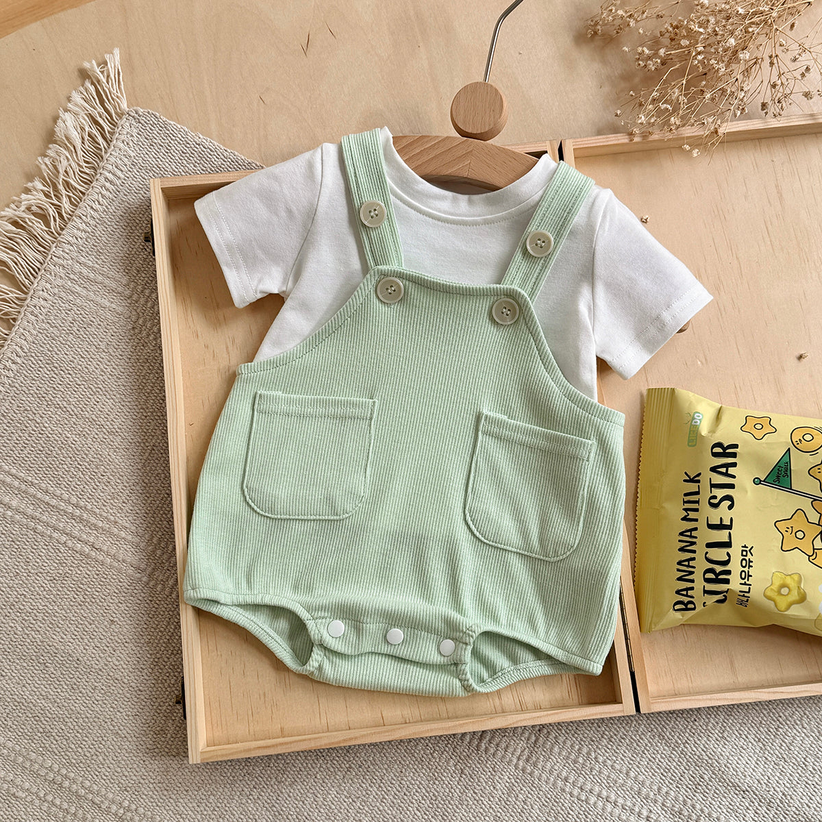 Baby 2Pcs Outfit Ribbed Overalls Romper & White Short Sleeve Tee