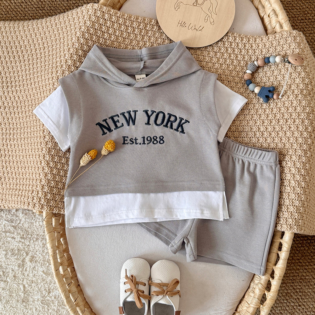 Baby New York Embroidered Fake Two-Piece Hooded Short Set
