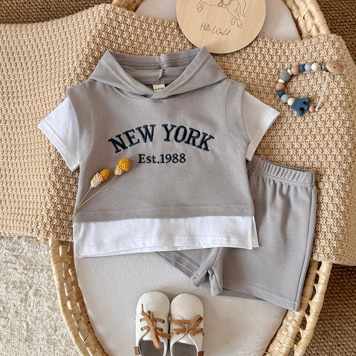 Baby New York Embroidered Fake Two-Piece Hooded Short Set