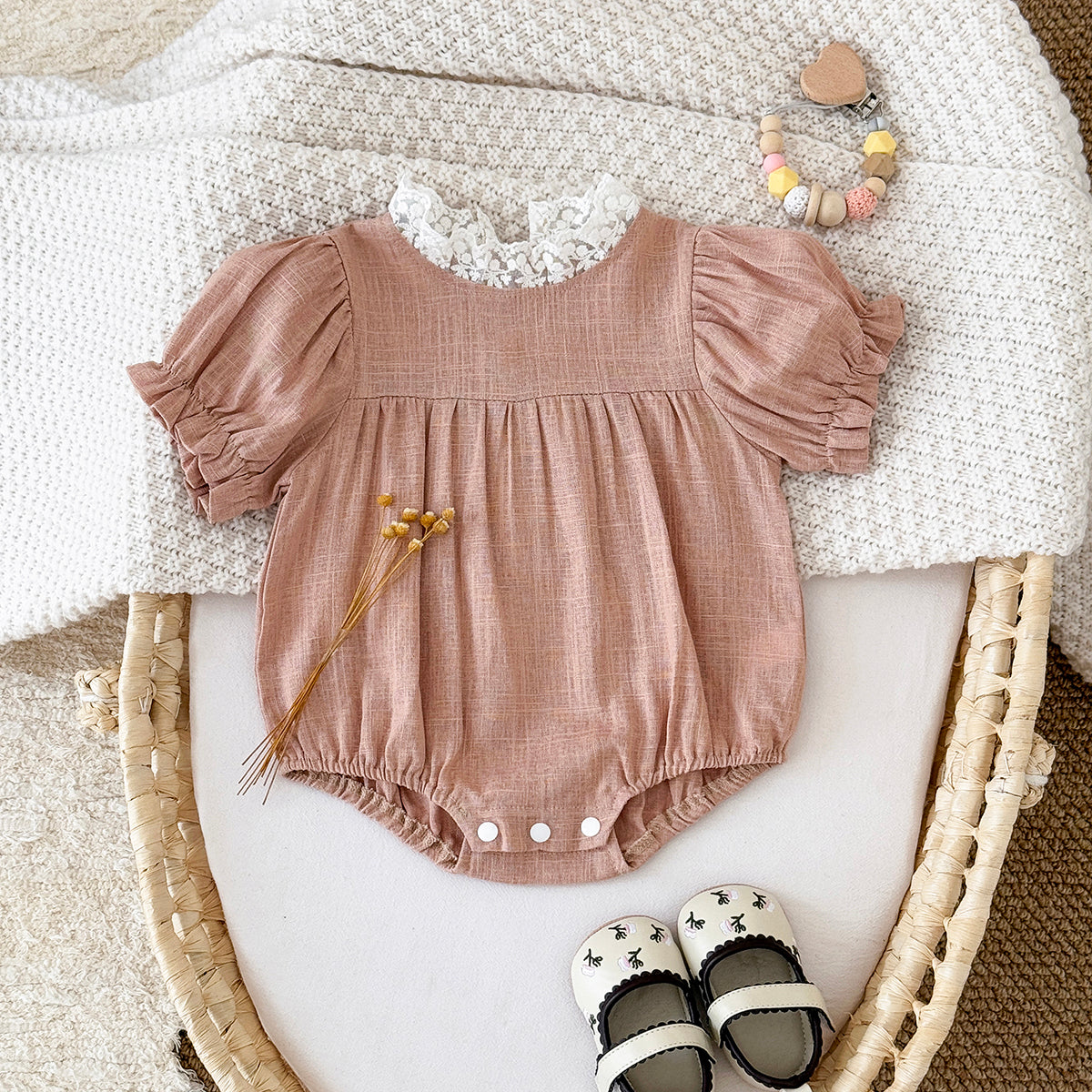 Summer Pink Lace Collar Romper for Baby Girls