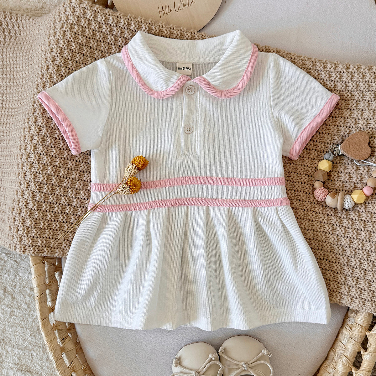 Baby Girl Polo Dress White Pink Striped Pleated Skirt