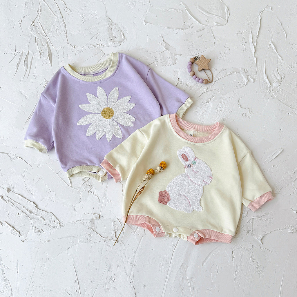 Baby Rabbit Flower Embroidered Cotton Blend Triangle Romper Spring Autumn 0-18 Months Old