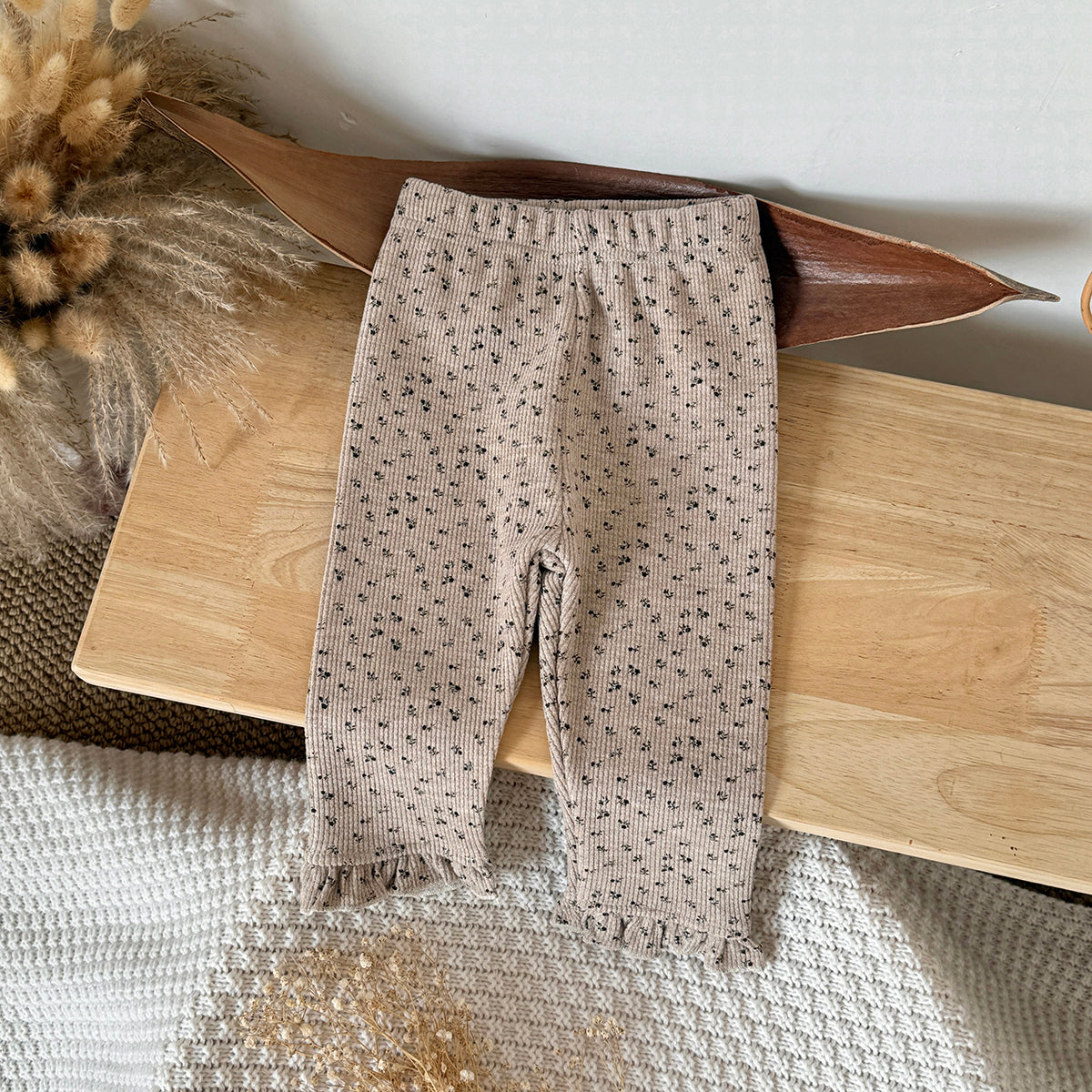 Simple Floral Baby Thin Fleece Leggings Ruffle Hem Stretchy Fit Trousers