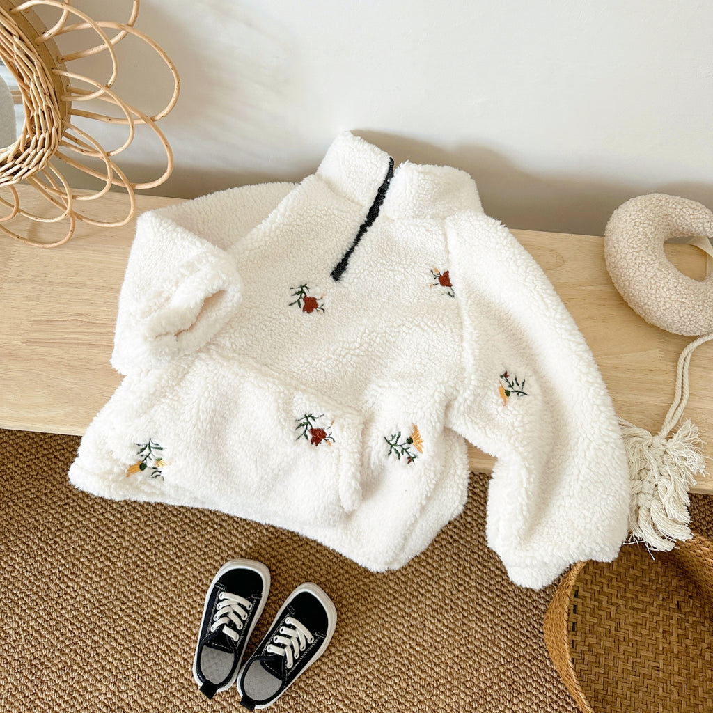 Toddler Half-Zip Sherpa Fleece Jacket, Floral Embroidery Warm Kids Outerwear