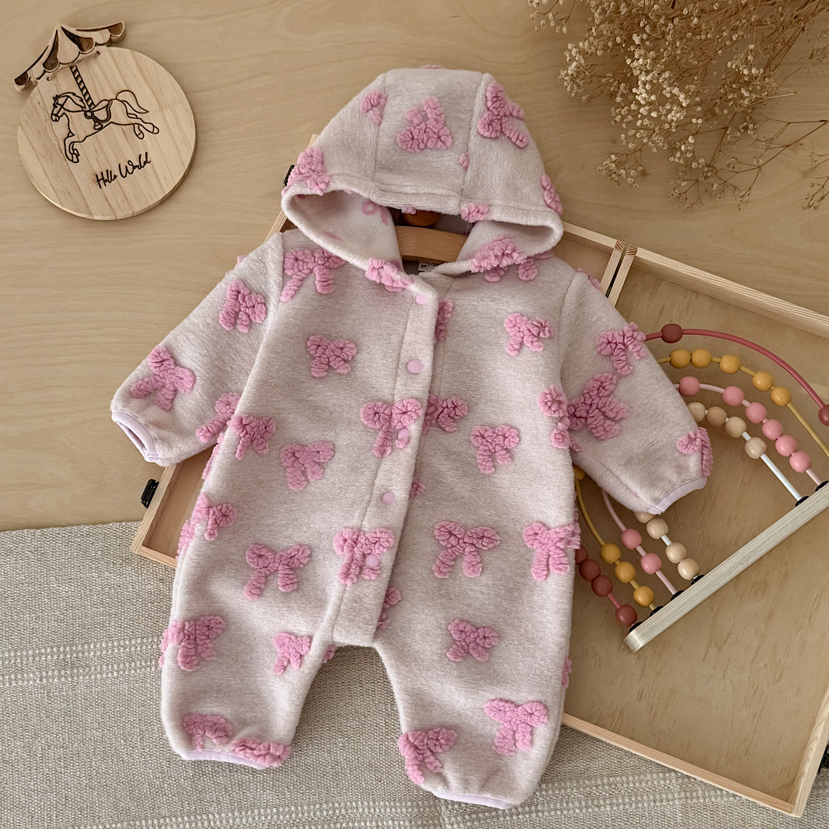 Hooded Cute Bowknot Romper for Baby Girl, Autumn Winter