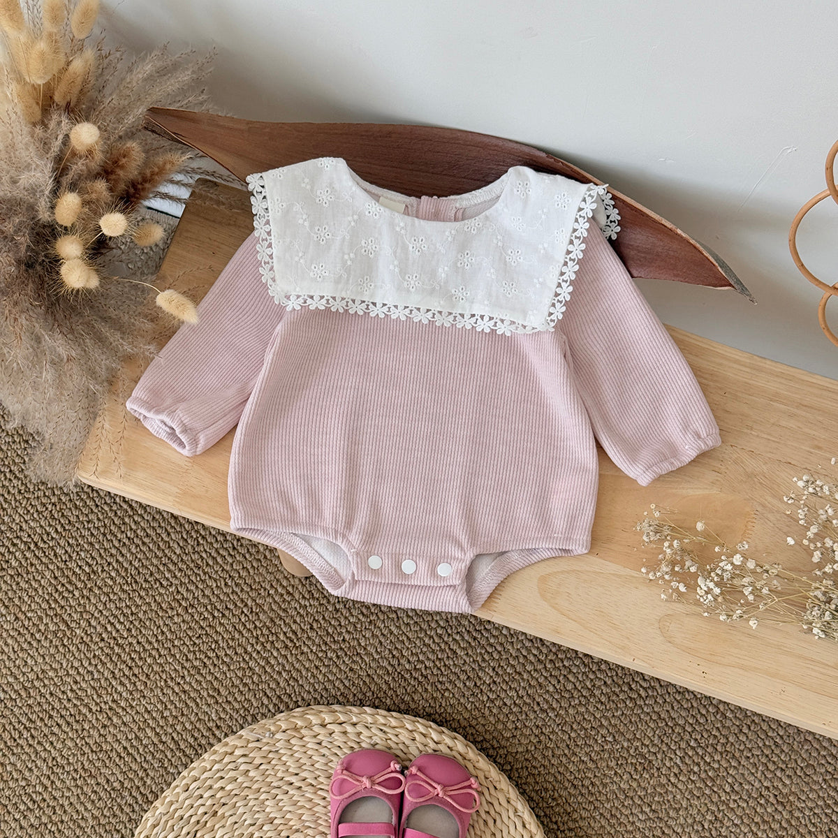 Baby Girls Pink Ruffle Collar Long Sleeve Romper 1-18Months