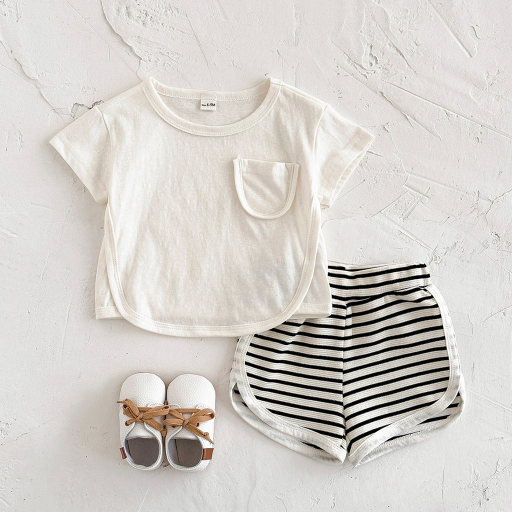 Summer Casual Striped Short Sleeve Set with Chest Pockets