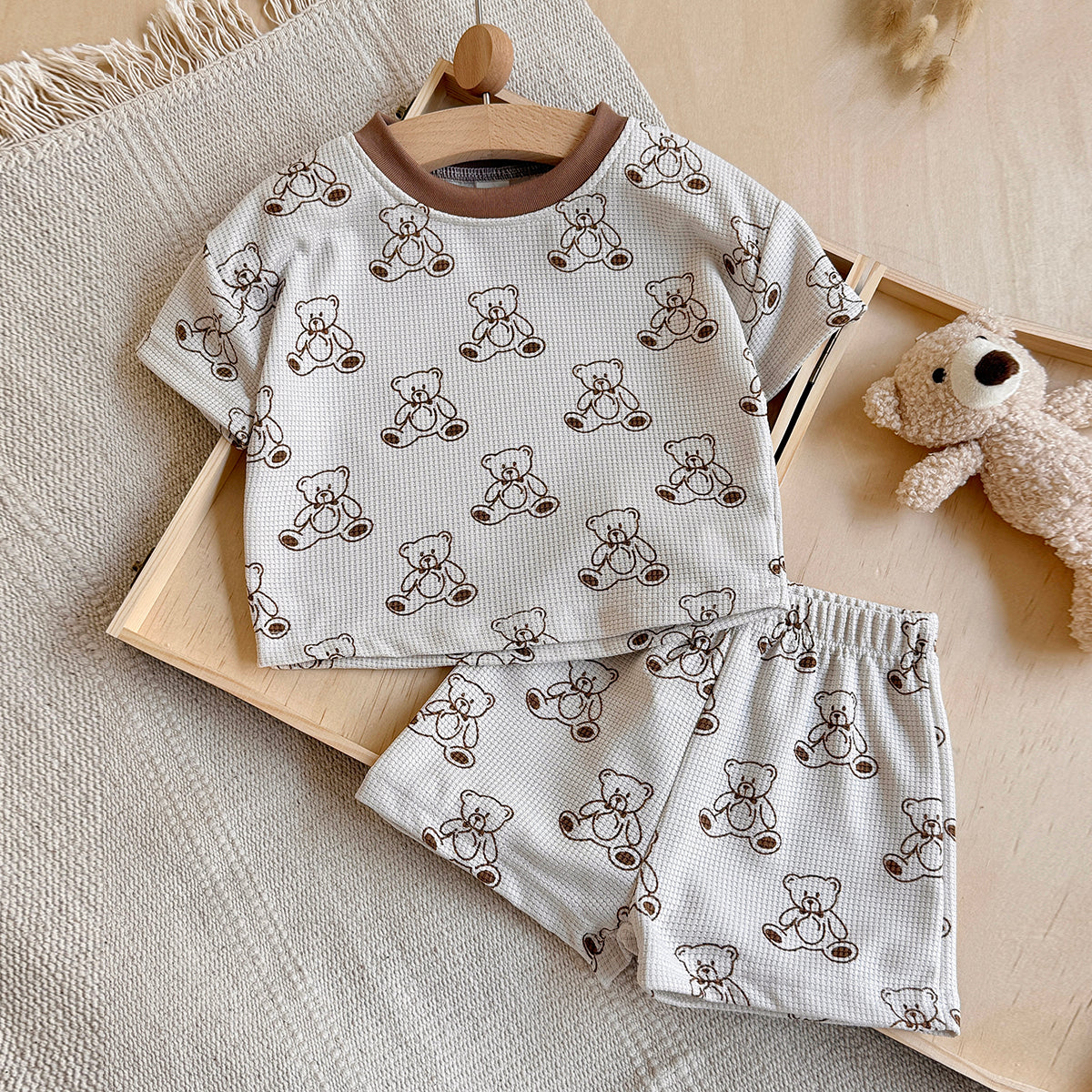 Summer Baby Waffle 2Pcs Set Cute Bear Print Short Sleeve Outfit