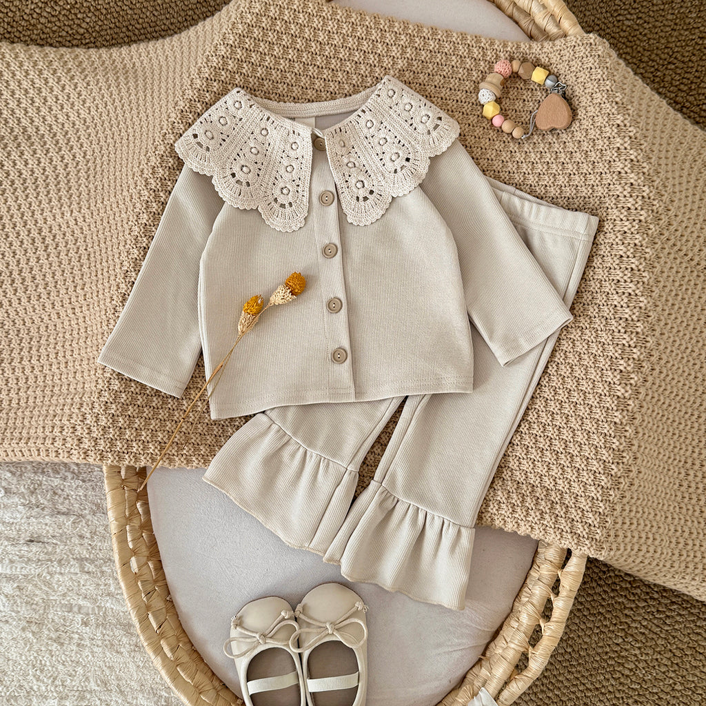 Gentle Beige Girls 2Pcs Set Exquisite Lace Collar Baby Flared Pants Outfit