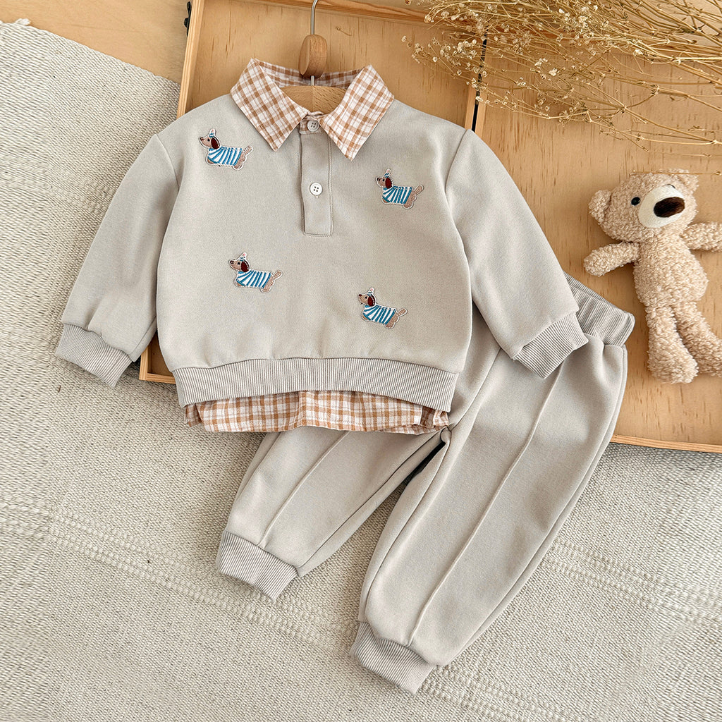 Baby Dog Embroidery Fake Two Piece Sweatshirt & Pants Set