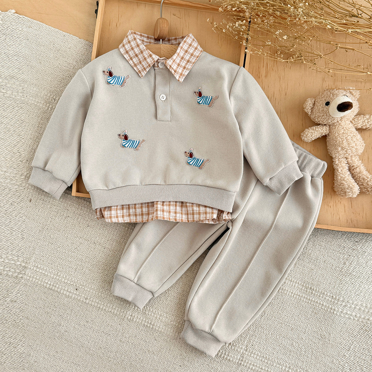 Baby Dog Embroidery Fake Two Piece Sweatshirt & Pants Set