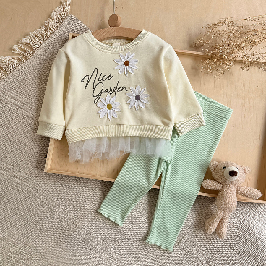 Baby yellow flower patch long sleeve pants set
