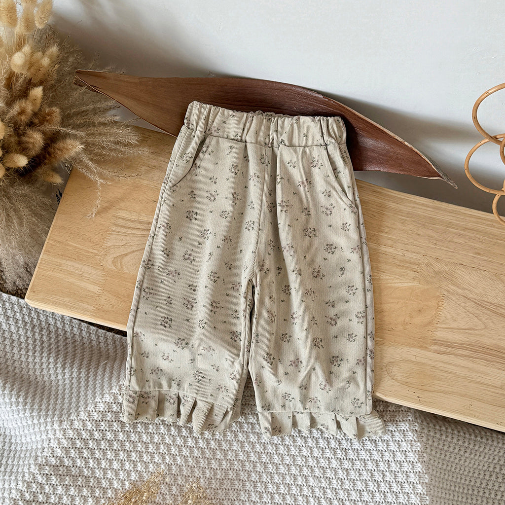 Simple Forest Girls Floral Pants Rib Texture Ruffle Hem Toddler Casual Pants