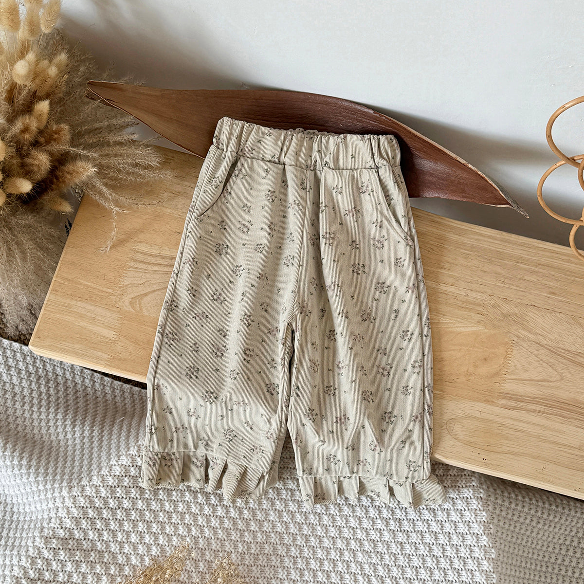 Simple Forest Girls Floral Pants Rib Texture Ruffle Hem Toddler Casual Pants