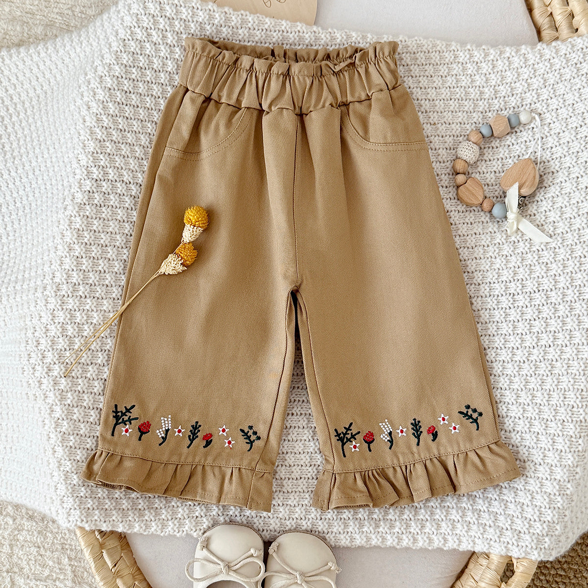 Embroidered Pants with Ruffle Hem for Baby Girls, Spring Autumn