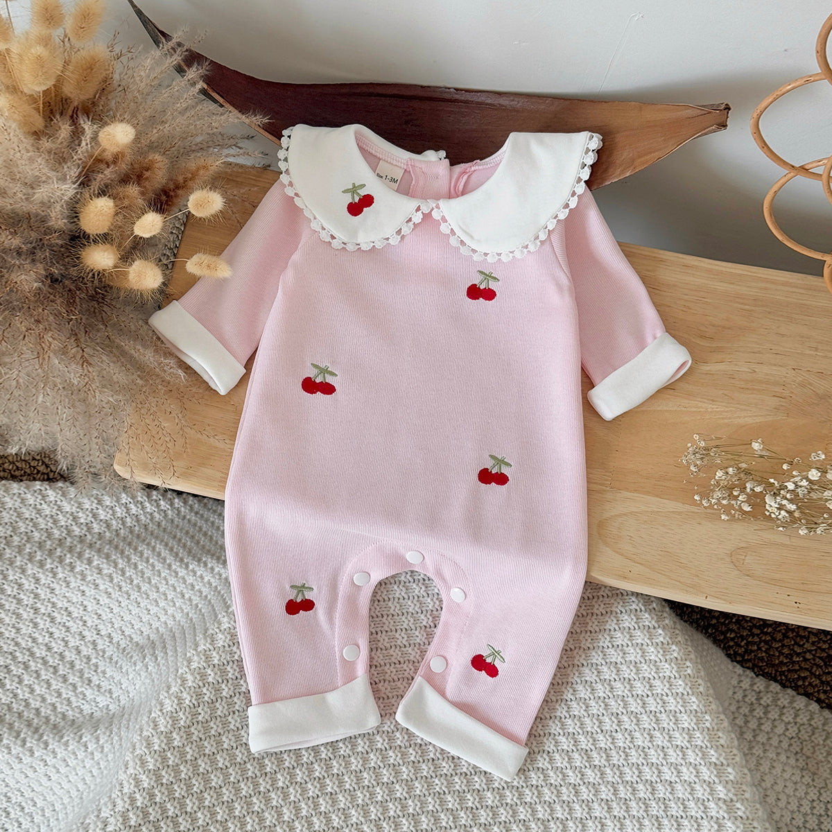 Baby Cherry Embroidered Long Sleeve Romper Jumpsuit 1-18Months