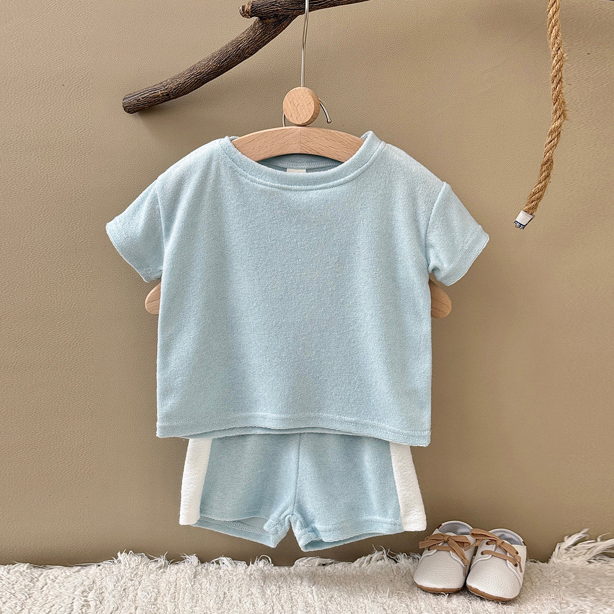 Soft Terry Cloth Baby Short Sleeve Tee & Side Stripe Shorts