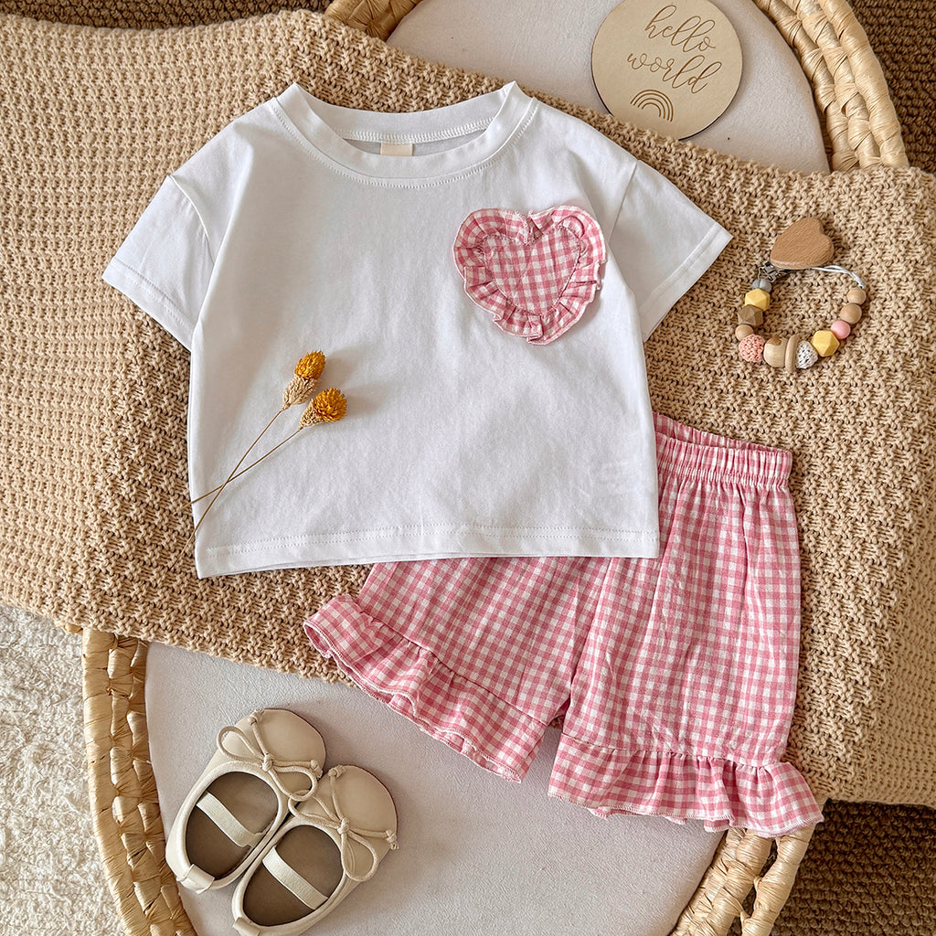 Baby Girl Plaid Heart Patch Tee & Ruffle Shorts Summer Outfit Set