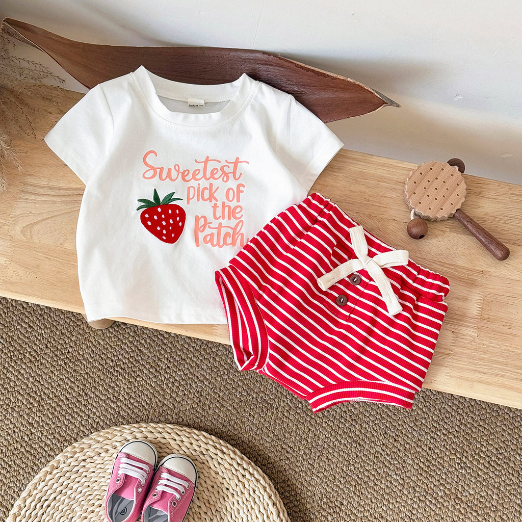 Red Strawberry Short Sleeve Set for Girls, Summer