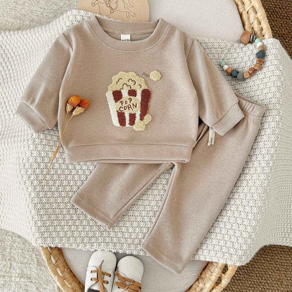 Popcorn Towel Embroidery Casual Set for Spring Autumn