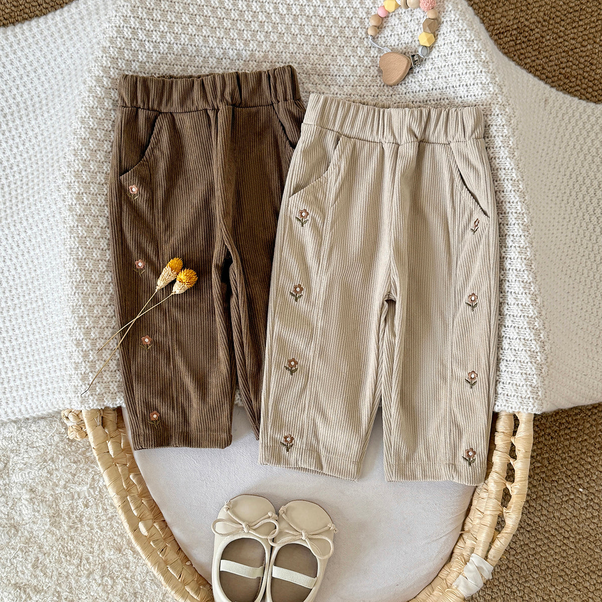 Boys and Girls Corduroy Flower Embroidered Pants