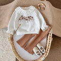 White flower embroidered baby girl pants set