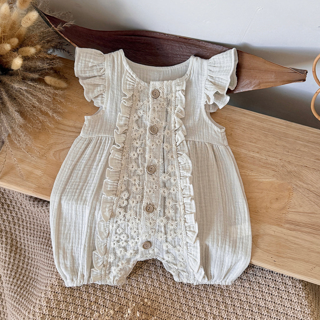 Baby Sleeveless Romper Ruffle Flutter Sleeve Floral Embroidery Outfit
