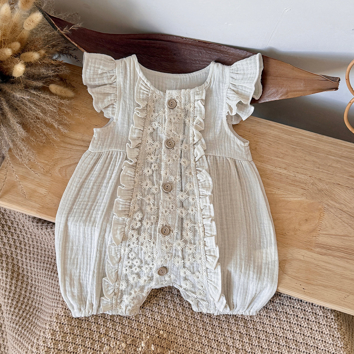 Baby Sleeveless Romper Ruffle Flutter Sleeve Floral Embroidery Outfit