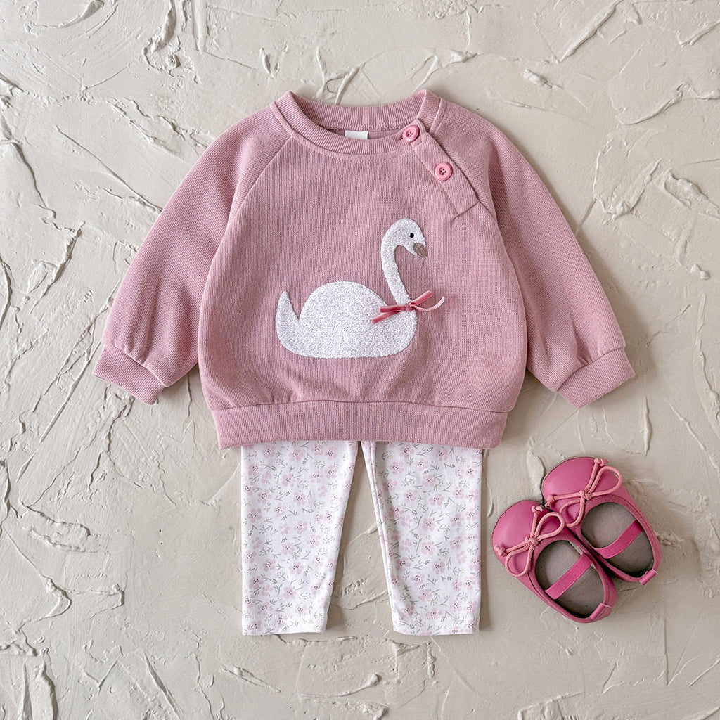 Pink Swan Towel Embroidery Girl Baby Set 0-3 Years Old
