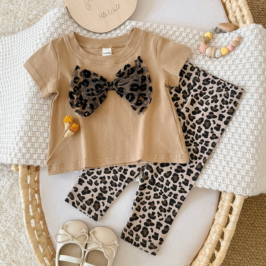Baby Girl Leopard Bow Short Sleeve Tee & Leggings 2Pcs Outfit