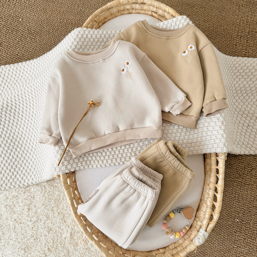 Neutral Baby Flower Pattern Embroidery Sports Set Winter 1-4 Years Old