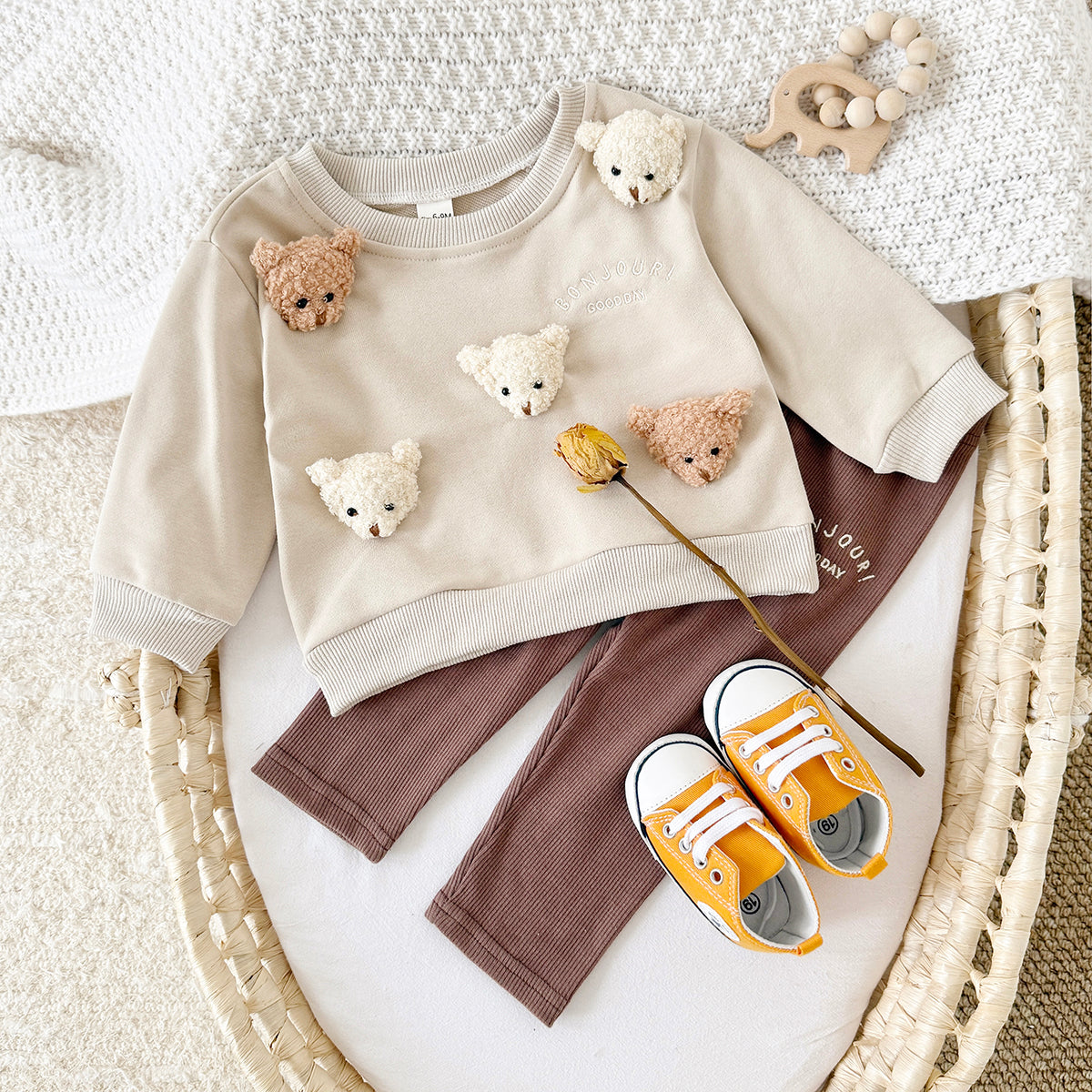 Baby Boy Girl Sweatshirt Set, 3D Teddy Top With Soft Stretch Rib Pants