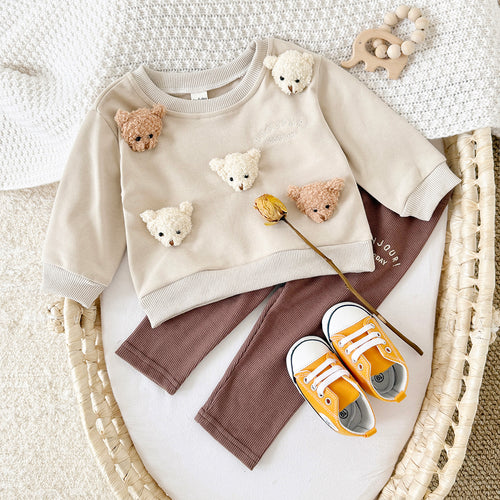 Baby Boy Girl Sweatshirt Set, 3D Teddy Top With Soft Stretch Rib Pants