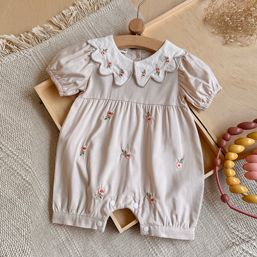 Puff Sleeve Baby Romper Floral Embroidery Peter Pan Collar Bodysuit