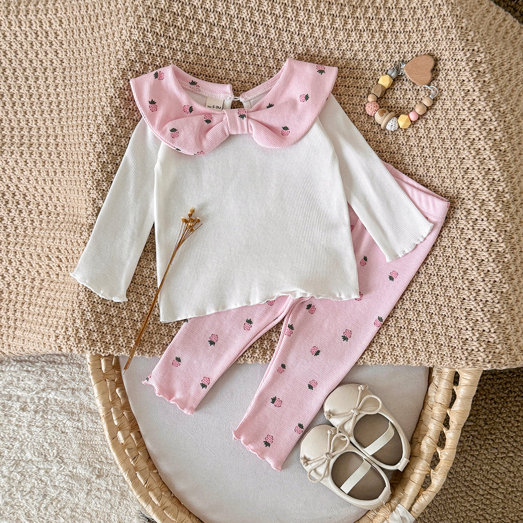Sweet Infant Strawberry Set Pink Print Girls Bow Collar 2Pcs Outfit