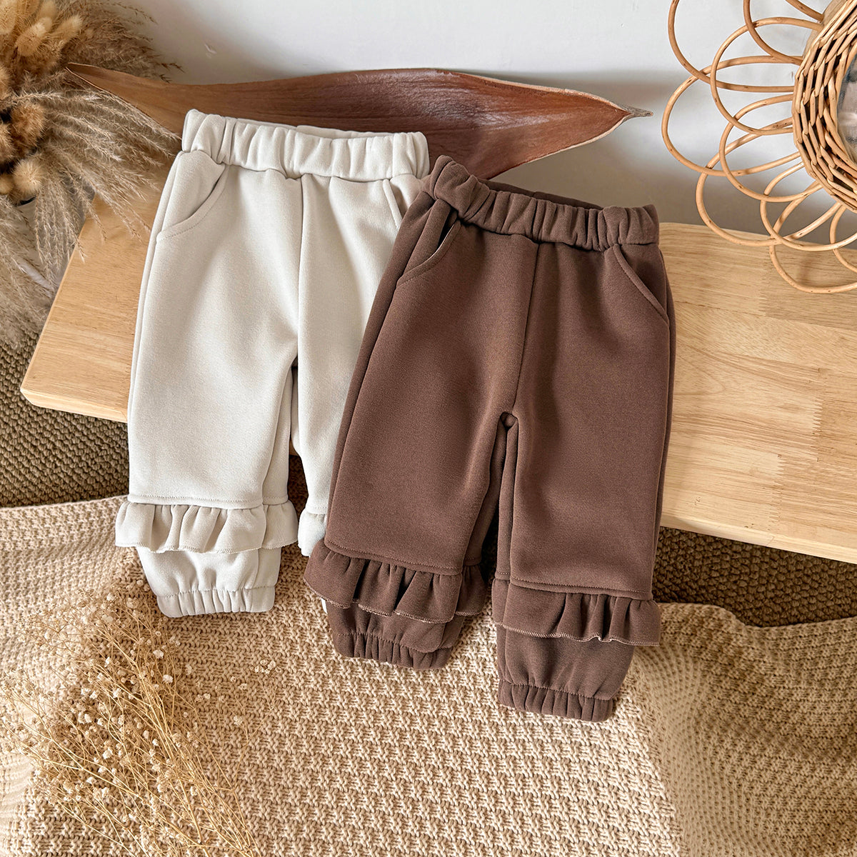 Forest Style Girls Thick Winter Sweatpants Ruffle Hem Infant Warm Trousers