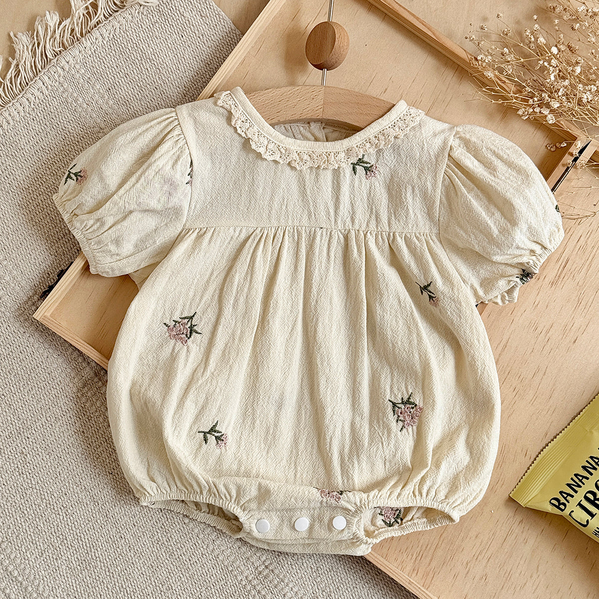 Baby Girl Floral Embroidery Bubble Sleeve Romper