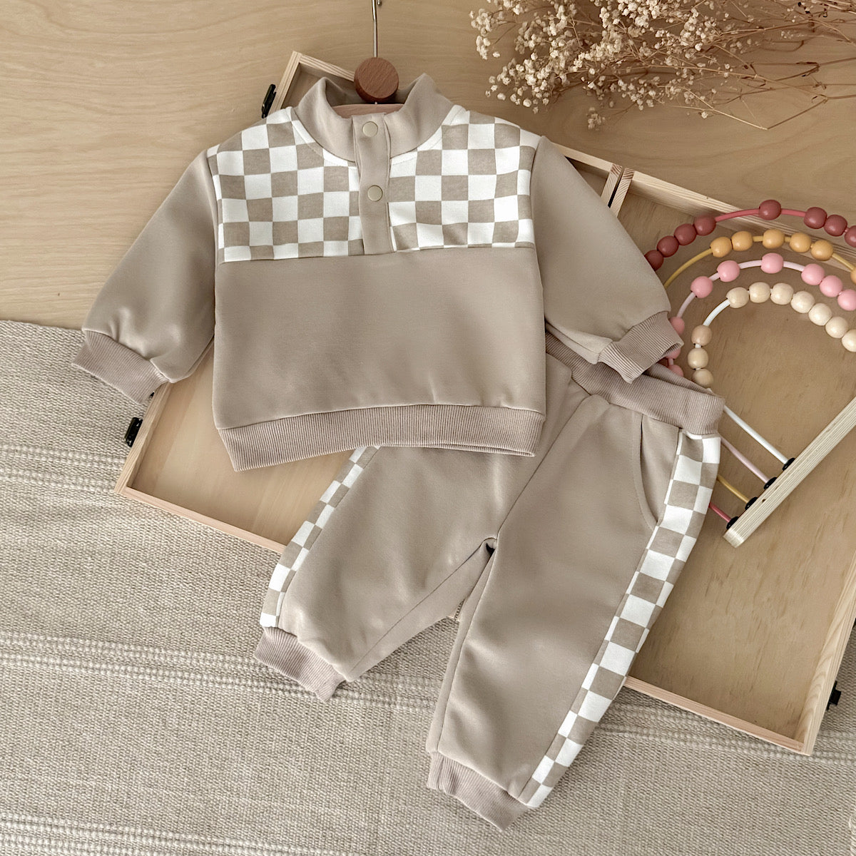 Stand Collar Plaid Printed Sweatshirt Set for Baby Boys, Spring Autumn