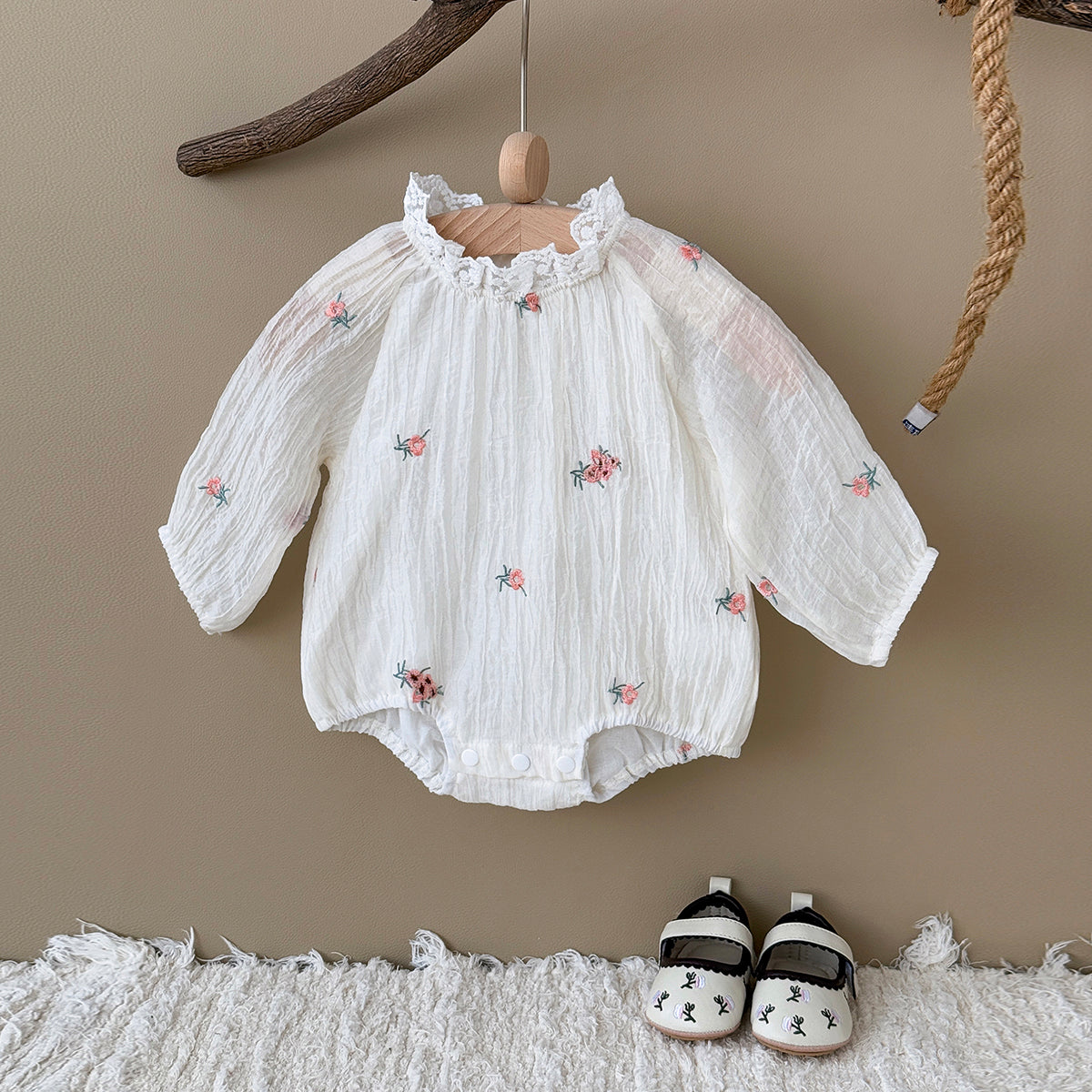 Summer White Romper with Pink Floral Embroidery for Baby Girls