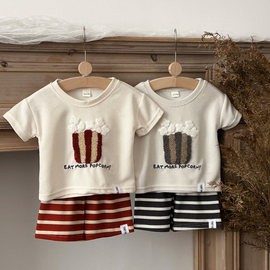 Baby Waffle Popcorn Graphic Tee Striped Shorts Outfit  >