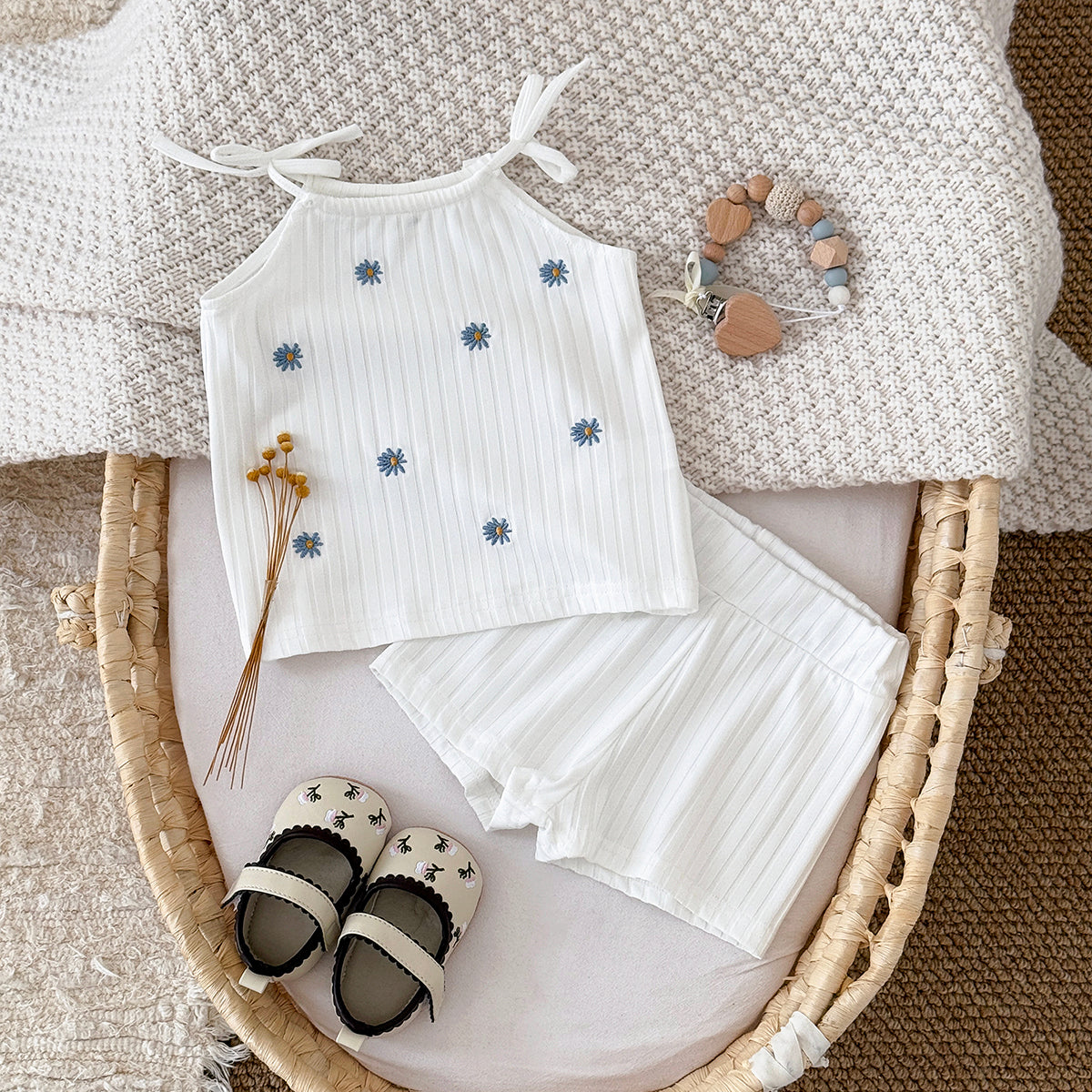 Summer White Cami Set with Blue Floral Print