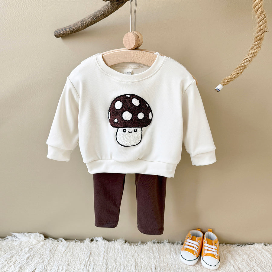 Forest Style Baby Outfit, Loose Crewneck Mushroom Sweatshirt And Solid Pants
