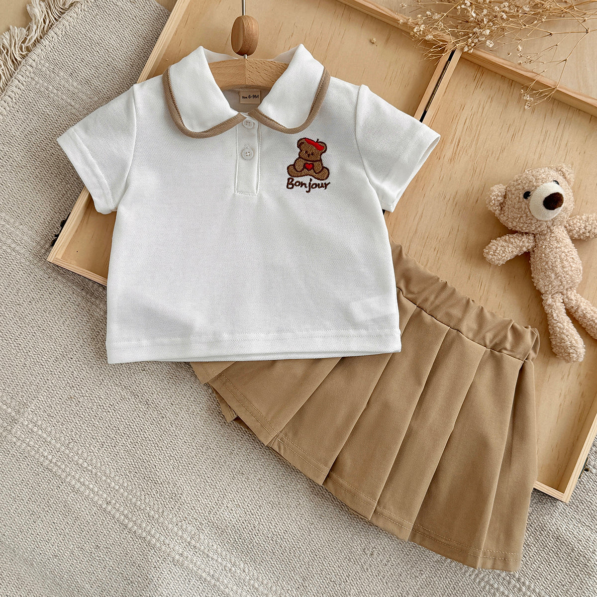 Baby Girl Bear Embroidery Polo Top Pleated Skirt Set