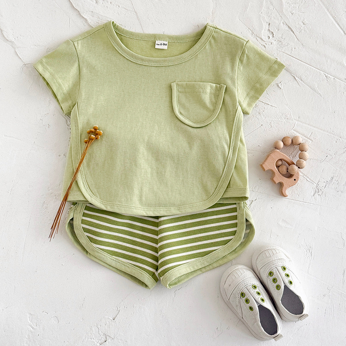 Summer Casual Striped Short Sleeve Set with Chest Pockets