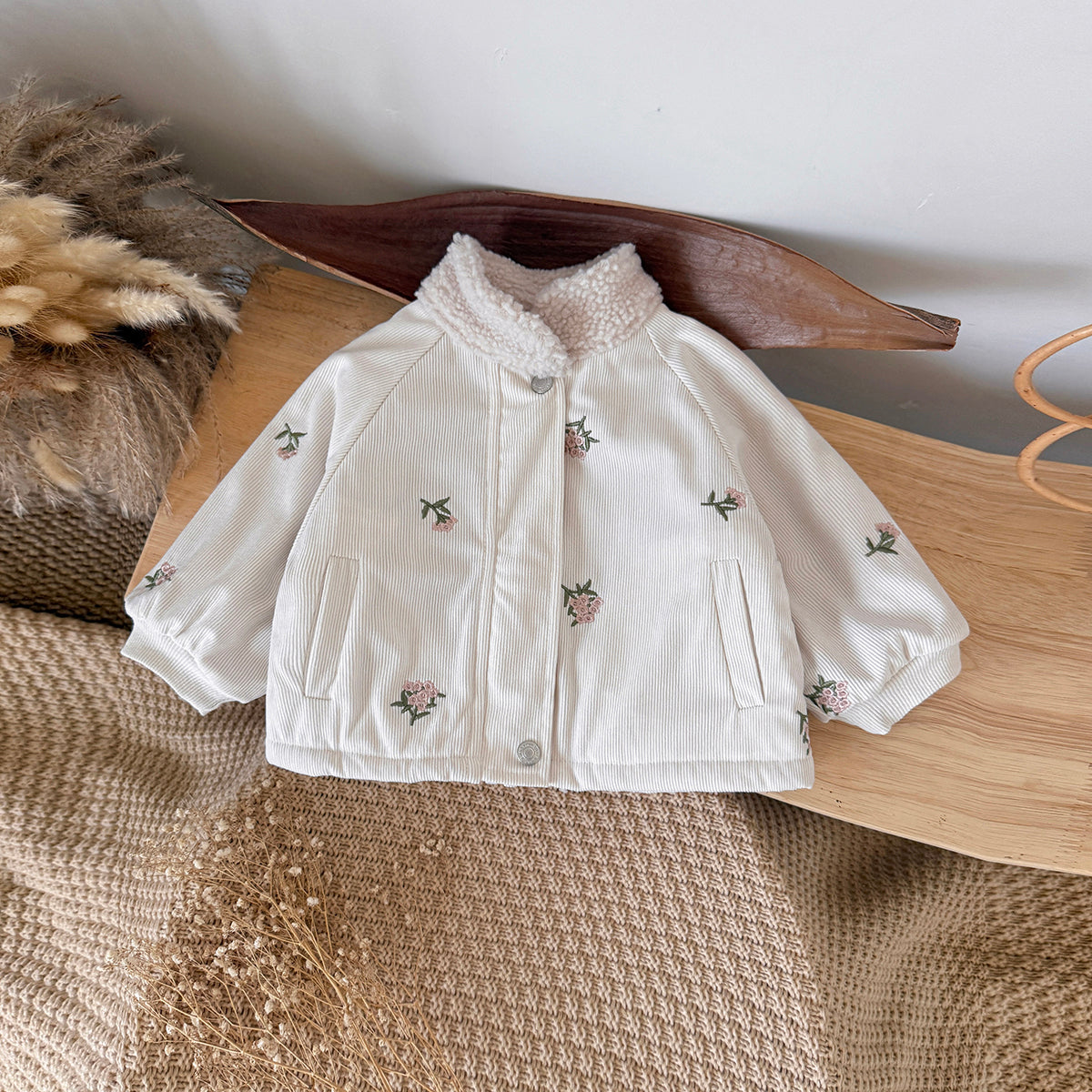 Beige embroidered winter jacket for 0-3 years old