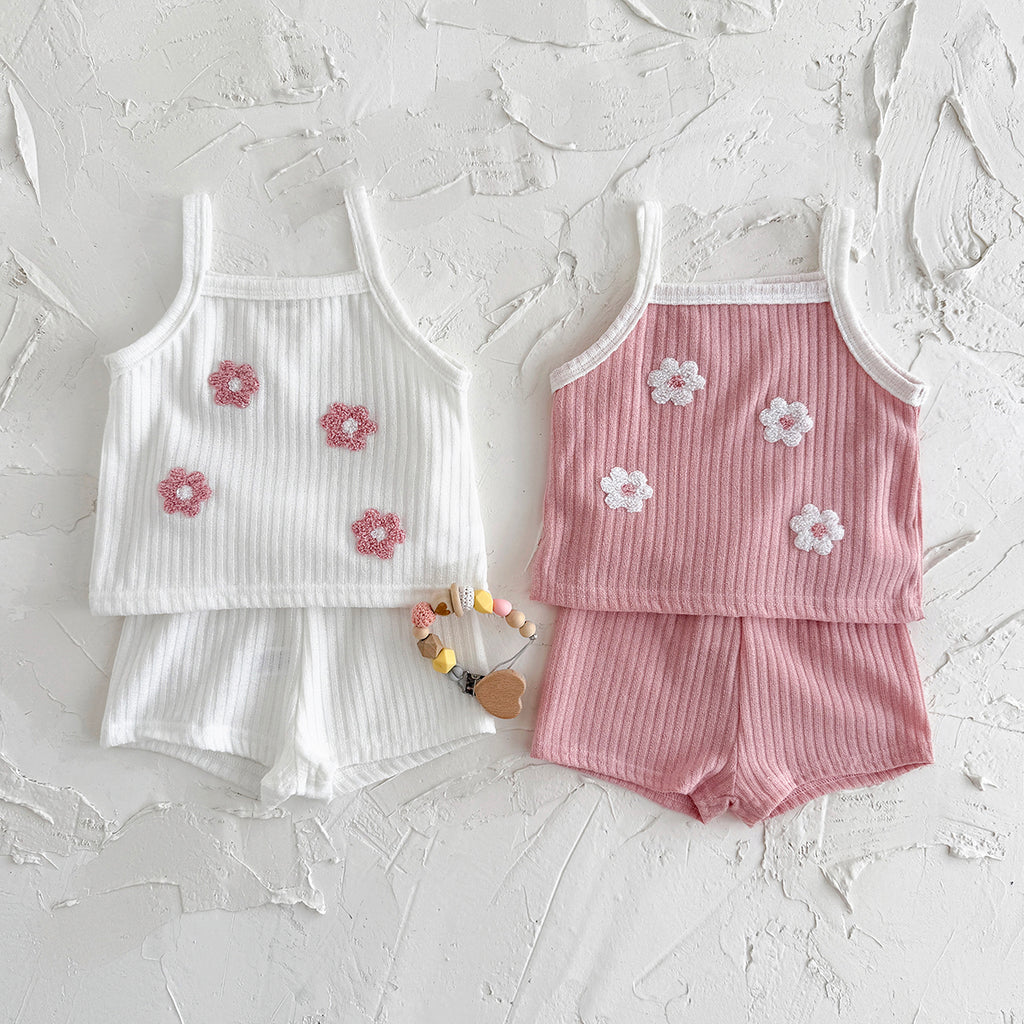 Summer Pink Floral Towel Embroidery Cami Set for Baby Girls