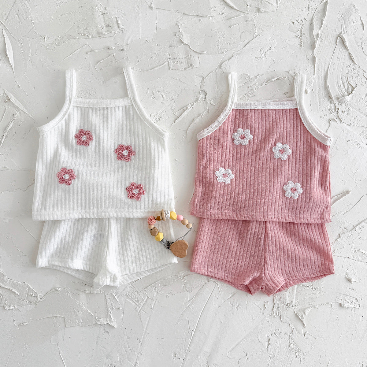 Summer Pink Floral Towel Embroidery Cami Set for Baby Girls