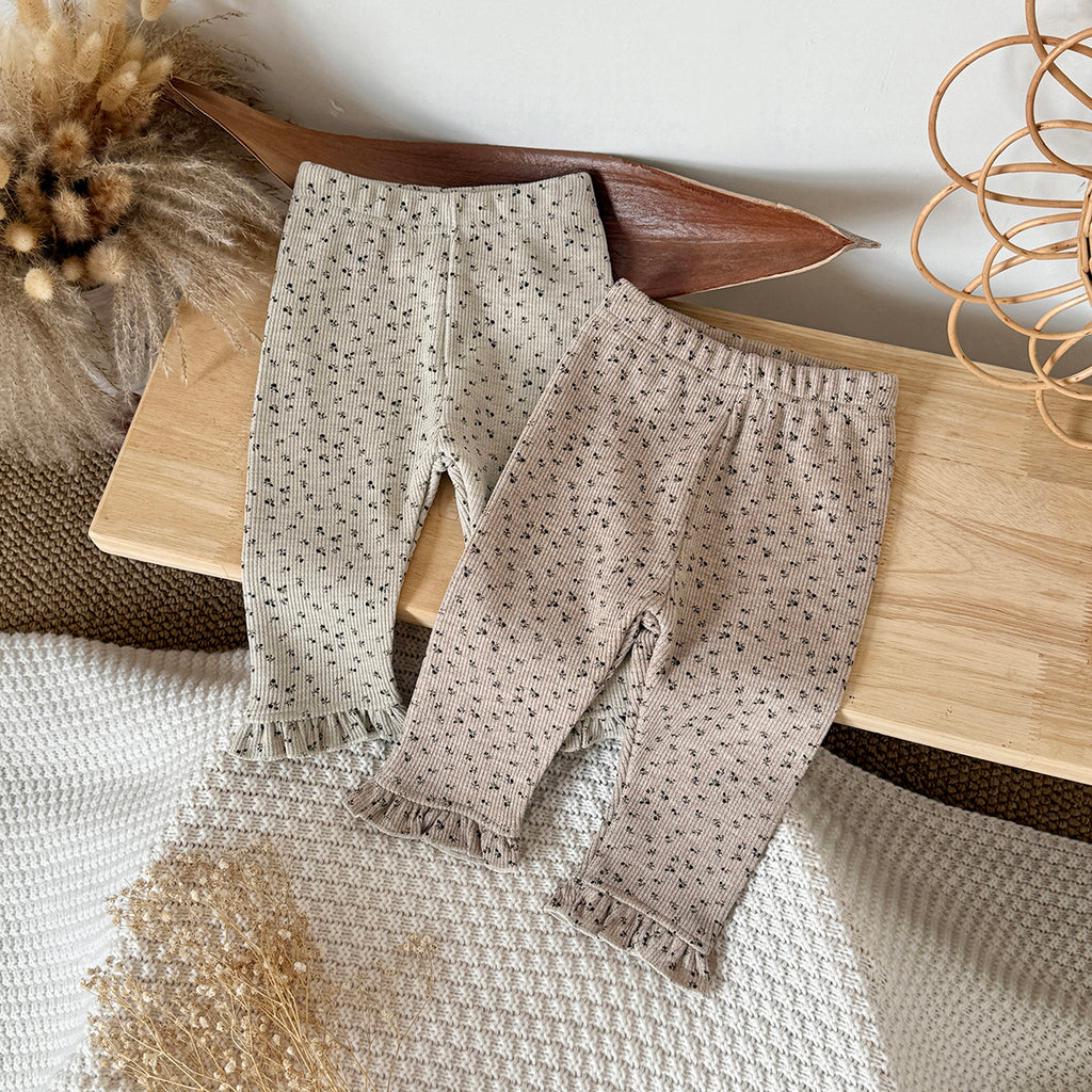 Simple Floral Baby Thin Fleece Leggings Ruffle Hem Stretchy Fit Trousers